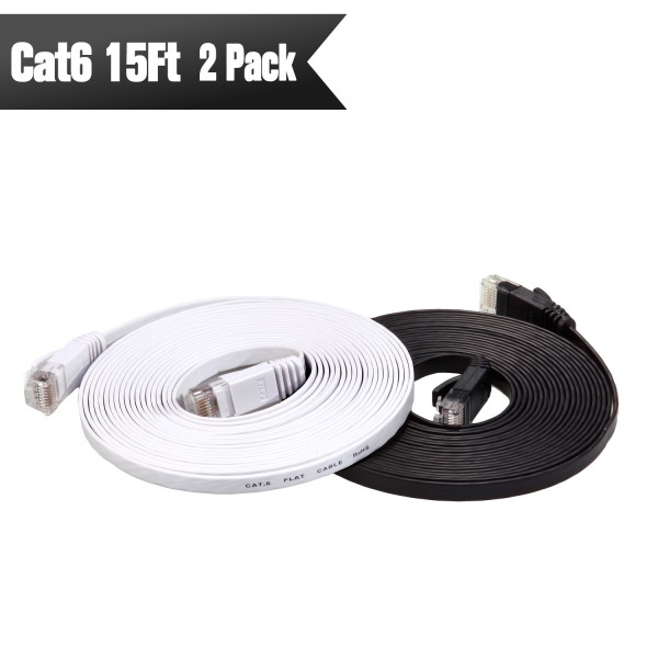 Cat 6 Ethernet Cable 15ft Flat (Black   White)