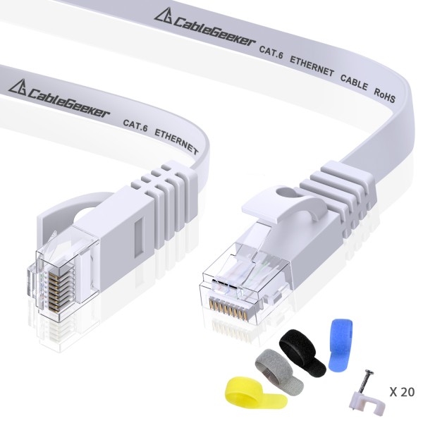 CableGeeker Cat 6 Ethernet Cable 25ft White (At a Cat5e Price but Higher Bandwidth) Flat Internet Network Cables - Cat6 Ethernet Patch Cable - Computer Lan Cable Short with Snagless RJ45 Connectors