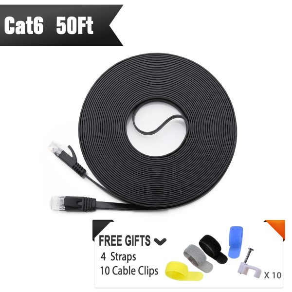 Cat 6 Ethernet Cable 50ft Black (At a Cat5e Price but Higher Bandwidth) Flat Internet Network Cables - Cat6 Ethernet Patch Cable Short - Cat6 Computer Lan Cable With Snagless RJ45 Connectors + Free Cable Clips and Straps