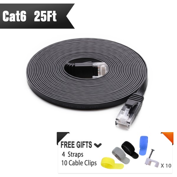 Cat 6 Ethernet Cable 25ft Black (At a Cat5e Price but Higher Bandwidth) Flat Internet Network Cables - Cat6 Ethernet Patch Cable - Computer Lan Cable Short with Snagless RJ45 Connectors